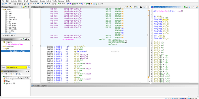 Ghidra function list showing formSetSpeedWan in the filter