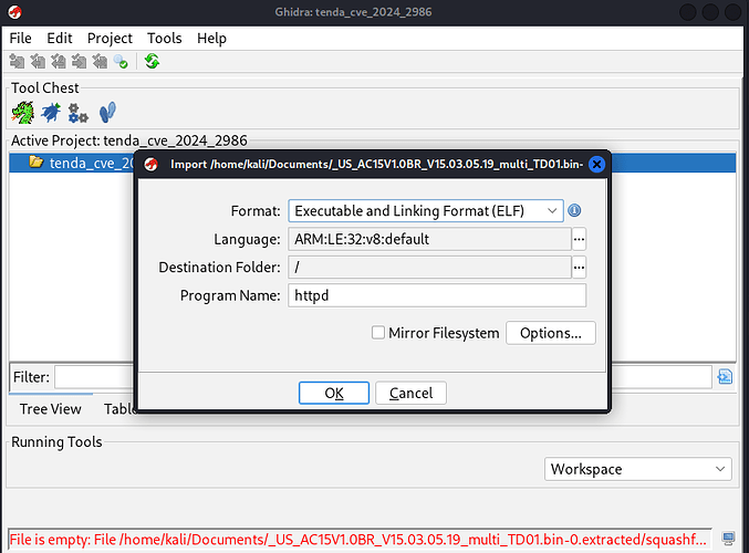 Ghidra import options showing ARM architecture detection