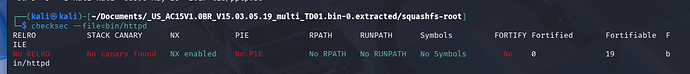 Checksec output showing minimal protections on httpd binary