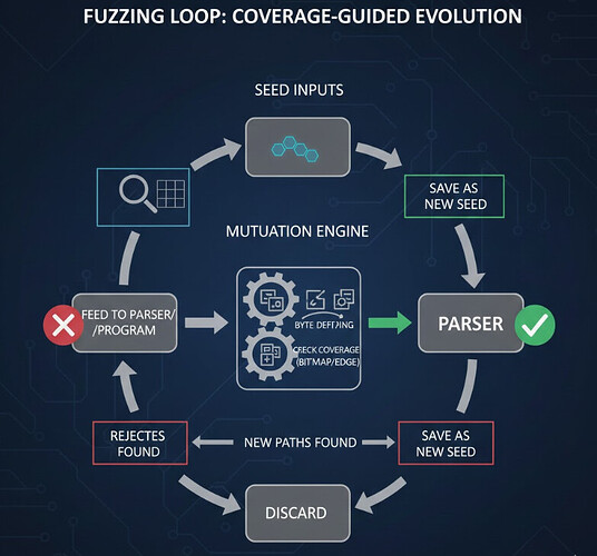 full loop diagram — seed → mutate → feed → check bitmap → save or discard → repeat
