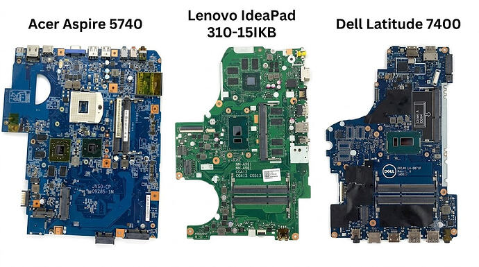 Side-by-side comparison of three laptop motherboards: the Acer Aspire 5740 (JV50-CP 09285-1M), Lenovo IdeaPad 310-15IKB (NM-A981 CG413 CG513), and Dell Latitude 7400 (EDC40 LA-G871P) featuring their respective PCB layouts and onboard chipsets.