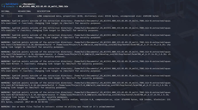 Binwalk extraction warnings showing symlink security messages